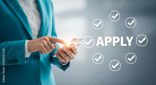 Businesswoman applying online, checkmarks and apply button on screen