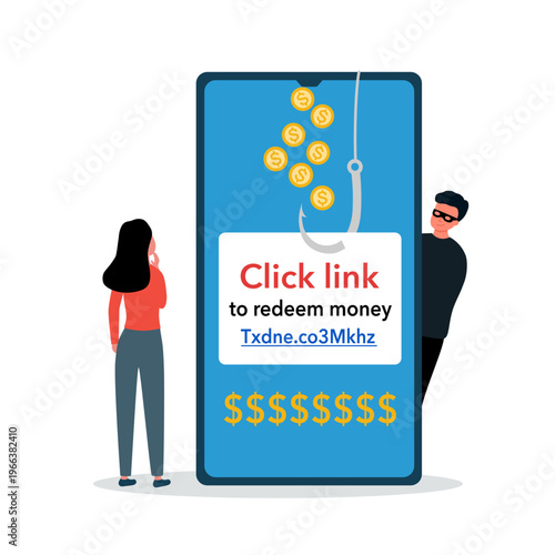 SMS scam, scams link from scammer for malware installing concept. Text messages, Winning congratulations phishing text with link tracking while woman use mobile phone.