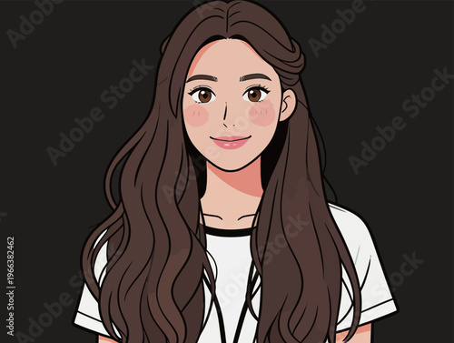 Digital artwork of a young woman with long brown hair wearing a white shirt against a dark background