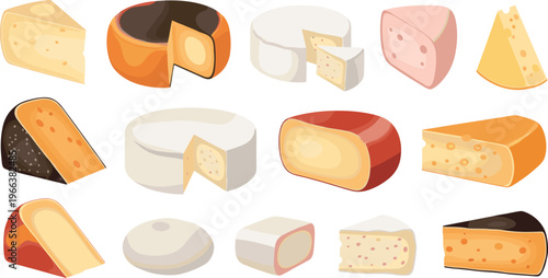 Assorted cheeses in wedges, blocks, and rounds with holes, rinds, and textures in vector illustration