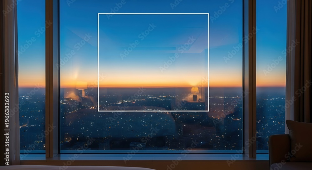 Fototapeta premium Sunset cityscape view from a high-rise building window