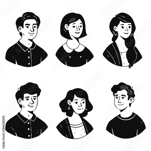 Set of pessoas hand-drawn character portraits in black and white line art style, featuring diverse men and women with different hairstyles and facial features.