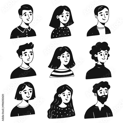 Set of pessoas hand-drawn character portraits in black and white line art style, featuring diverse men and women with different hairstyles and facial features.