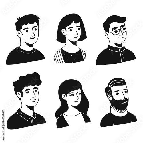 Set of pessoas hand-drawn character portraits in black and white line art style, featuring diverse men and women with different hairstyles and facial features.