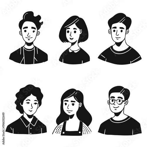 Set of pessoas hand-drawn character portraits in black and white line art style, featuring diverse men and women with different hairstyles and facial features.