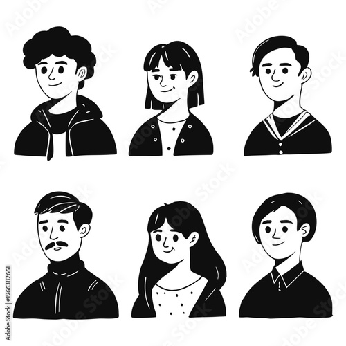 Set of pessoas hand-drawn character portraits in black and white line art style, featuring diverse men and women with different hairstyles and facial features.