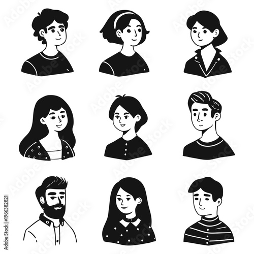Set of pessoas hand-drawn character portraits in black and white line art style, featuring diverse men and women with different hairstyles and facial features.