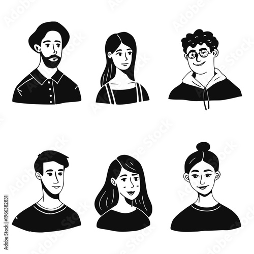 Set of pessoas hand-drawn character portraits in black and white line art style, featuring diverse men and women with different hairstyles and facial features.