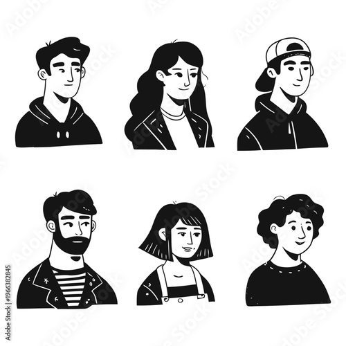 Set of pessoas hand-drawn character portraits in black and white line art style, featuring diverse men and women with different hairstyles and facial features.