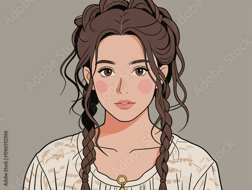 Young woman with braided hair looks at the viewer in a simple top against a plain background with neutral colors
