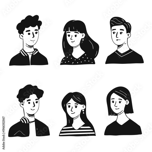 Set of pessoas hand-drawn character portraits in black and white line art style, featuring diverse men and women with different hairstyles and facial features.