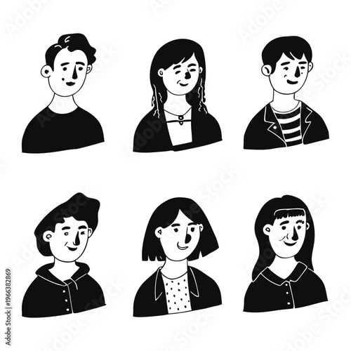 Set of pessoas hand-drawn character portraits in black and white line art style, featuring diverse men and women with different hairstyles and facial features.