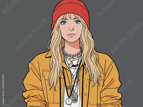 Young woman wearing a red beanie and yellow jacket shows off style with layered necklaces