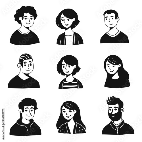 Set of pessoas hand-drawn character portraits in black and white line art style, featuring diverse men and women with different hairstyles and facial features.