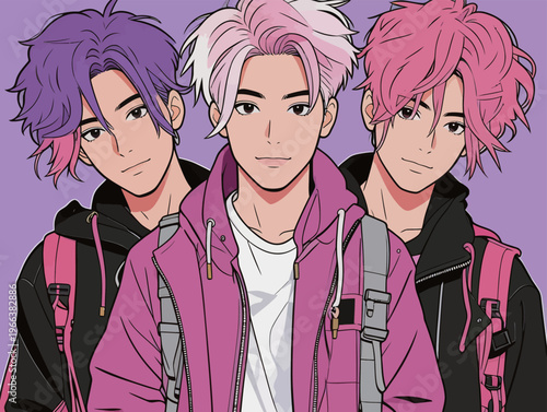 Three animated characters with different hair colors stand together in casual clothing against a simple background