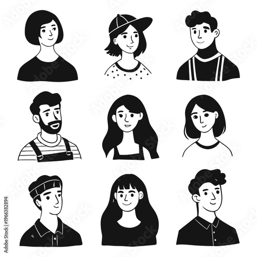 Set of pessoas hand-drawn character portraits in black and white line art style, featuring diverse men and women with different hairstyles and facial features.