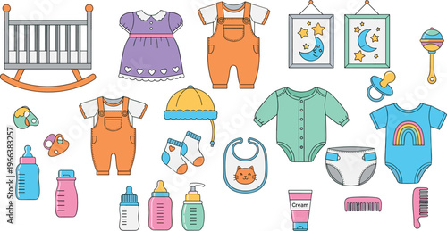 Baby essentials including crib, clothing, bottles, toys, and accessories in colorful cartoon vector illustration