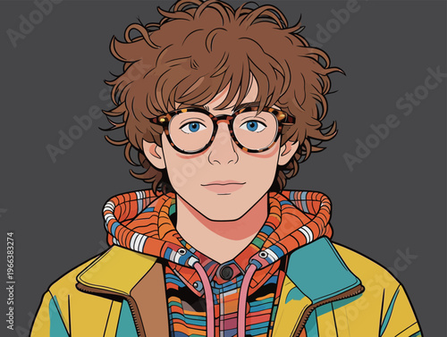 Young person wearing glasses with curly hair and colorful clothing in a digital illustration style on a gray background