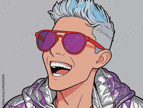 Young person wearing sunglasses smiling against a gray background with bright hair style