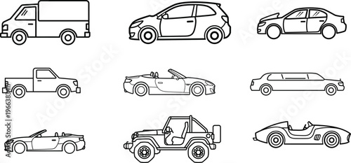 Minimalist black line car and vehicle icons collection including van, hatchback, sedan, pickup, convertible, limousine, jeep, sports car, perfect for vector, illustration, web, app, and design use.
