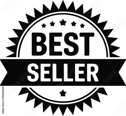 Minimalist line art emblem featuring best seller banner, five stars arc, single curved star, and sharp starburst border decorative badge