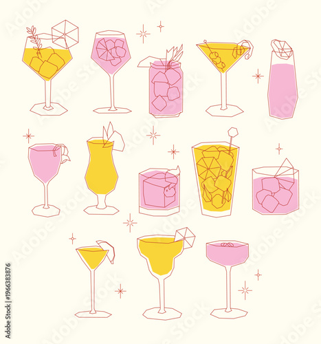 Set of minimalist retro style line art cocktails isolated on solid background. Hand-drawn vector illustration. Daiquiri, old fashioned, manhattan, martini, margarita, gin and tonic, mimosa, negroni.
