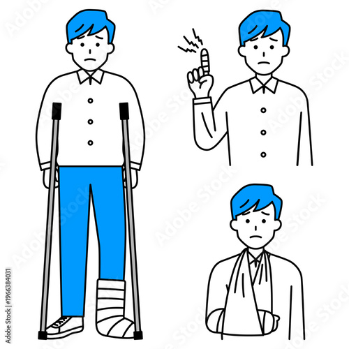 指・腕・足の怪我をしている若い男性のセット