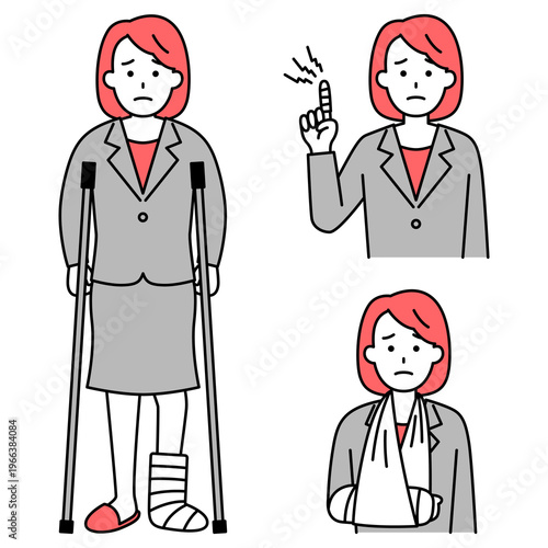 指・腕・足の怪我をしているスーツの女性のセット