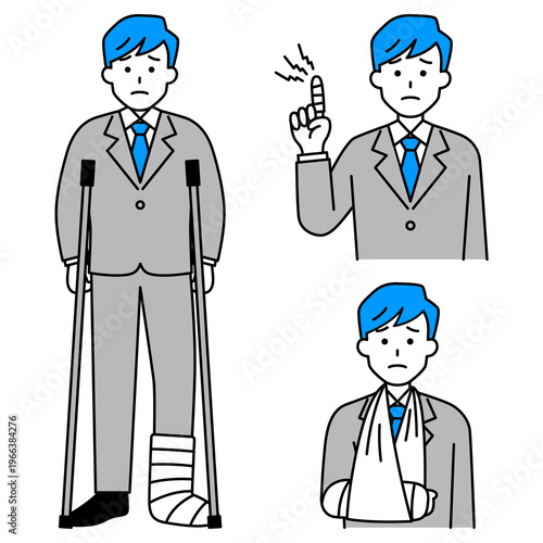 指・腕・足の怪我をしているスーツの男性のセット