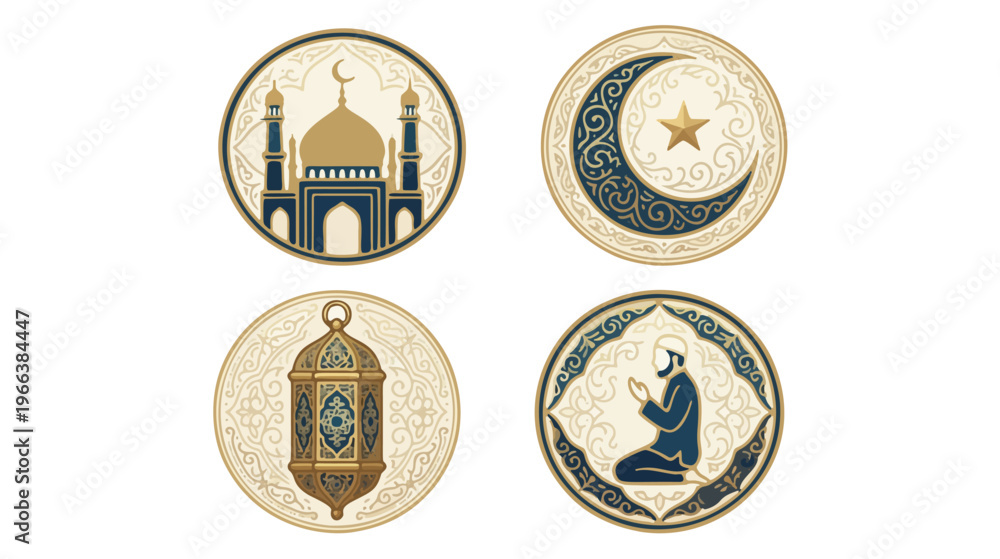 Obraz premium Islamic icon set with mosque, crescent moon, Quran, lantern, and decorative patterns.