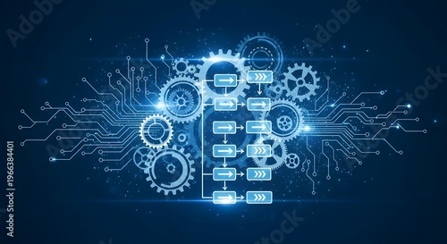 Circuit board schematic with interconnected gears and flowchart symbols, representing digital process automation and technology.