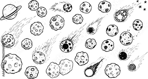 Hand-Drawn Space Elements: Planets, Asteroids, and Comets Illustration