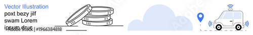 Smart transportation, geolocation services, cloud technology, blockchain economy, digital innovation, future mobility. Stack of coins, cloud GPS-linked driverless car. Digital economy
