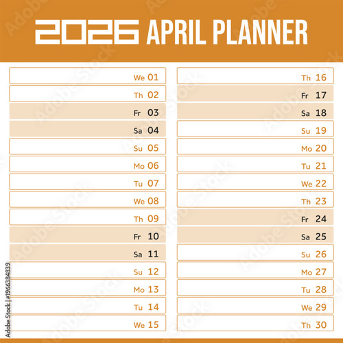 2026 April Planner Calendar Template, Monthly Schedule Organizer with Daily Boxes and Minimal Orang