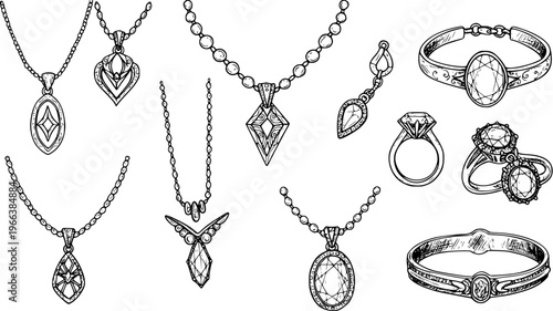 Vintage Jewelry Illustration: A Collection of Necklaces, Rings, Bracelets and an Earring in Intricate Hand-Drawn Style