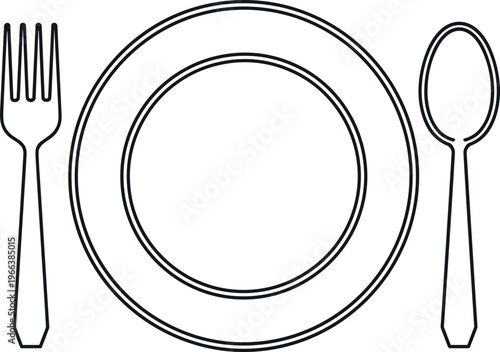 Minimal table setting outline vector illustration with plate fork and spoon, clean dining layout design for restaurant menu and kitchen use