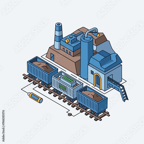 Isometric illustration of a modern factory with a train carrying raw materials and finished goods, symbolizing industrial production and logistics.