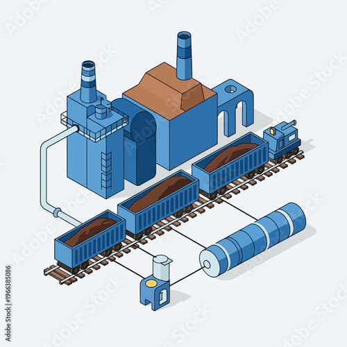 Isometric illustration of an industrial facility with trains delivering raw materials to a processing plant.