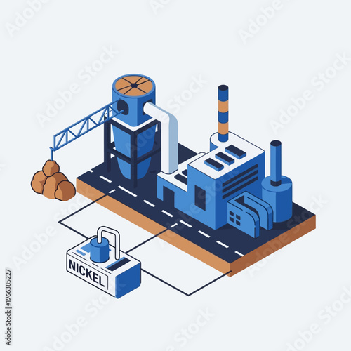 Isometric illustration of a nickel processing plant with raw materials being fed into a large industrial structure.