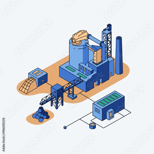 Isometric illustration of a modern biomass power plant with conveyor belts, storage silos, and a tall smokestack, depicting renewable energy production.