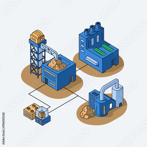 Isometric illustration of an industrial mining and processing facility with raw materials being transported and refined.
