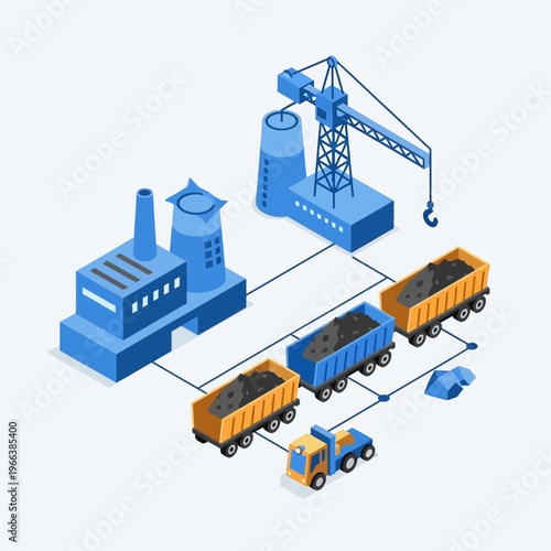 Isometric illustration of an industrial complex with a factory, crane, and trucks transporting coal.