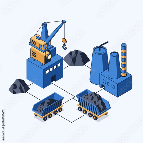 Isometric illustration of a coal mining and processing facility with a crane, trucks, and industrial buildings.
