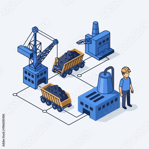 Isometric illustration depicting a coal mining and processing industrial complex with trucks, a crane, and a factory.