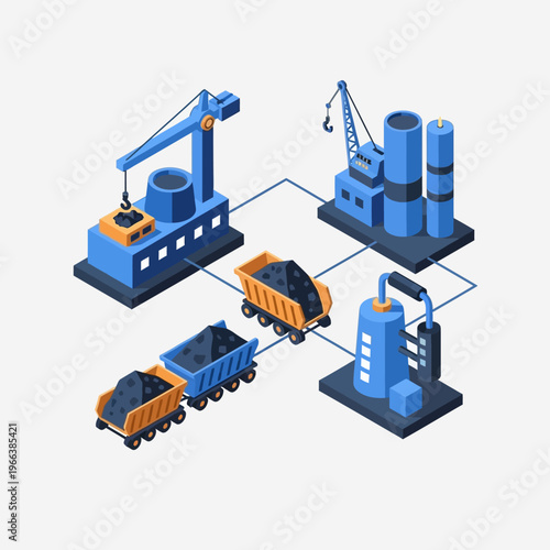 Isometric illustration of an industrial process showing raw material transport, processing, and manufacturing.