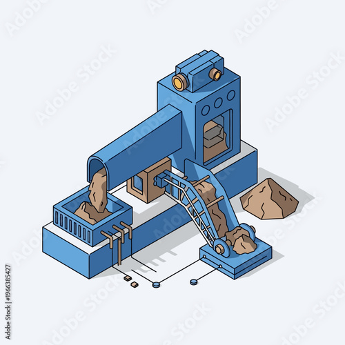 Isometric illustration of a blue industrial machine processing dirt and rocks on a light blue background.