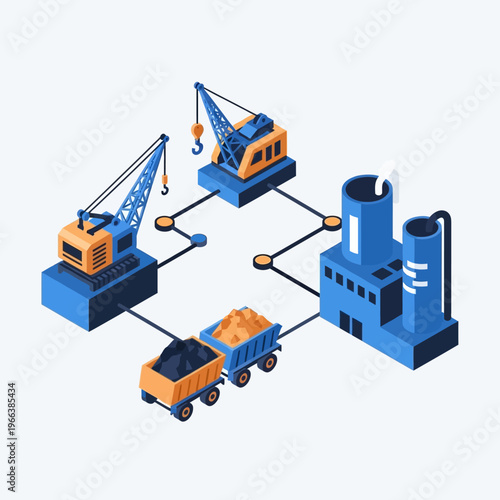 Isometric illustration of an industrial process involving cranes, trucks, and a factory, depicting a supply chain or manufacturing workflow.