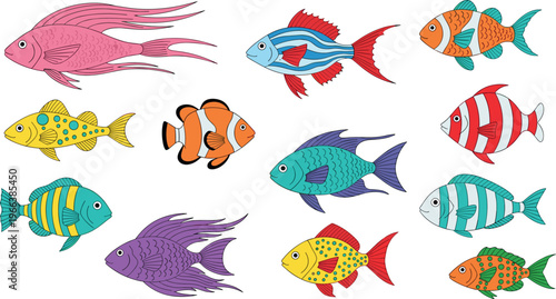 Bright cartoon fish in diverse shapes, vibrant colors, striped and spotted patterns, playful marine life design for creative projects