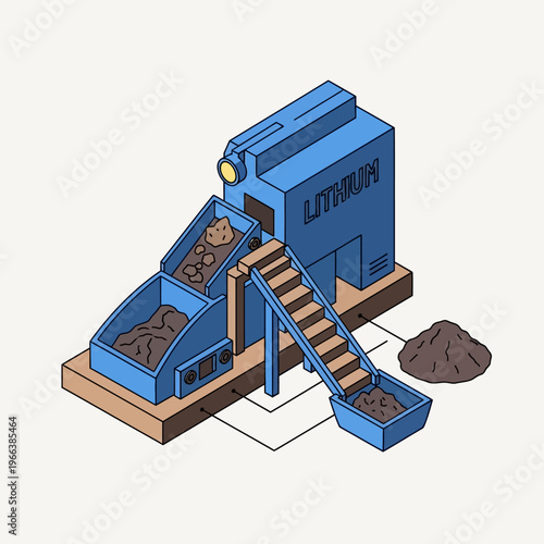 Illustration of a lithium processing machine with raw materials being fed into hoppers and processed material being conveyed to a collection bin.
