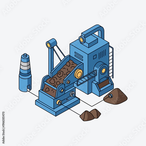 Isometric illustration of a blue industrial crushing machine processing soil and producing aggregate materials.